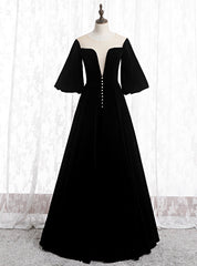 A-Line Black Velvet Horn Sleeve See Through Prom Dresses