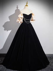 A-Line Black Velvet Long Prom Dresses, Black Long Evening Dresses