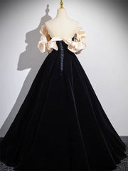 A-Line Black Velvet Long Prom Dresses, Black Long Evening Dresses