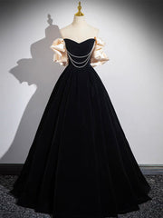 A-Line Black Velvet Long Prom Dresses, Black Long Evening Dresses