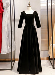 A-Line Black Velvet Square Short Sleeve Prom Dresses