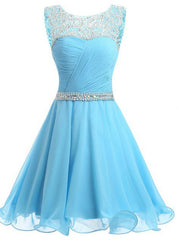 A-line Blue Chiffon Scoop Neck Backless Beading Crystal Homecoming Dresses