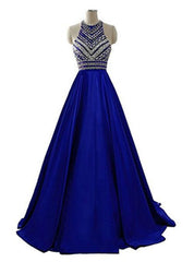 A-Line Blue Halter Satin Beading Prom Dresses With Pocket