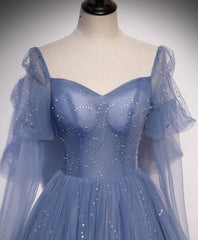 A line Blue Long Prom Dresses, Blue Formal Graduation Dresses with Beading