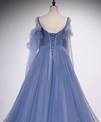 A line Blue Long Prom Dresses, Blue Formal Graduation Dresses with Beading