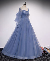 A line Blue Long Prom Dresses, Blue Formal Graduation Dresses with Beading