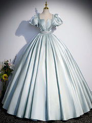 A-Line Blue Satin Long Prom Dresses, Blue Long Formal Dresses