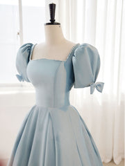 A-Line Blue Satin Puffy Sleeve Long Prom Dresses, Blue Formal Dresses