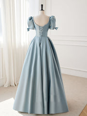 A-Line Blue Satin Puffy Sleeve Long Prom Dresses, Blue Formal Dresses