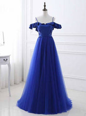 A-Line Blue Satin Tulle Spaghetti Straps Appliques Prom Dresses