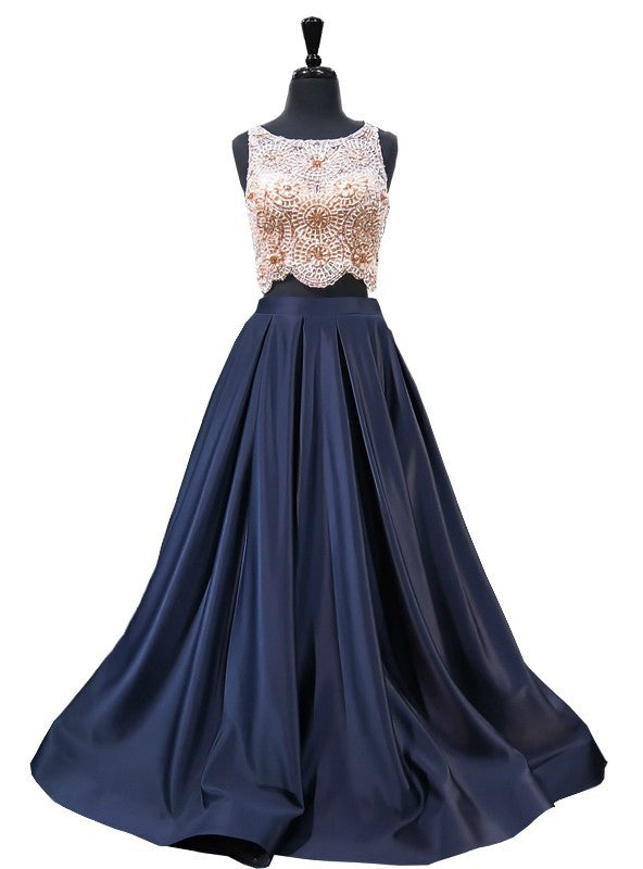 A-Line Blue Satin Two Piece Beading Bodice Evening Dress