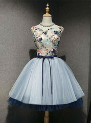 A-Line Blue Tulle Appliques Backless Homecoming Dresses