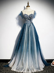 A-Line Blue Tulle Beading Backless Prom Dresses