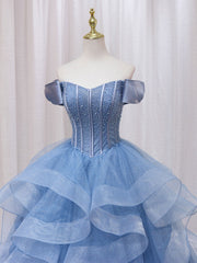 A-Line Blue Tulle Long Prom Dresses, Blue Sweet 16 Dresses