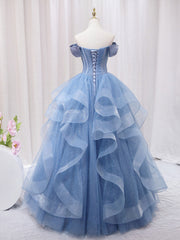 A-Line Blue Tulle Long Prom Dresses, Blue Sweet 16 Dresses