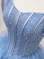 A-Line Blue Tulle Long Prom Dresses, Blue Sweet 16 Dresses