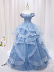 A-Line Blue Tulle Long Prom Dresses, Blue Sweet 16 Dresses