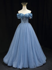 A-line Blue Tulle Off the Shoulder Beading Pleats Prom Dresses