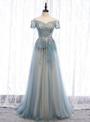 A-Line Blue Tulle Off the Shoulder Short Sleeve Prom Dresses