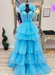 A-LIne Blue Tulle Pleats Prom Dresses