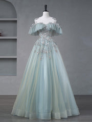 A-Line Blue Tulle sequin Lace Long Prom Dresses, Blue Lace Sweet 16 Dresses