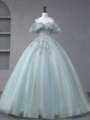 A-Line Blue Tulle sequin Lace Long Prom Dresses, Blue Lace Sweet 16 Dresses