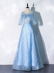 A-Line Blue Tulle Sequins Bat Sleeve Prom Dresses