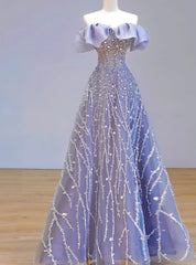 A-Line Blue Tulle Sequins Off the Shoulder Prom Dresses