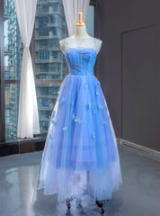 A-Line Blue Tulle Sleeveless Butterfly Backless Beading Prom Dresses