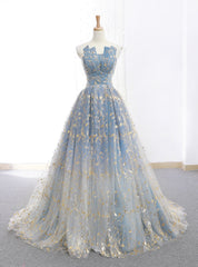 A-Line Blue Tulle Strapless Neck Floor Length Wedding Dresses