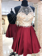 A-Line Burgundy Halter Beading Crytsal Homecoming Dresses