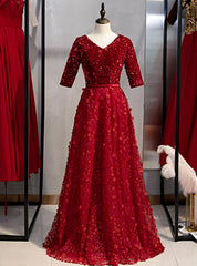 A-Line Burgundy Lace Sequins V-neck Short Sleeve Prom Dresses