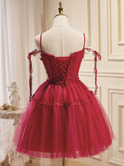 A-Line Burgundy Lace Short Prom Dresses, Burgundy Puffy Homecoming Dresses