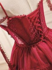 A-Line Burgundy Lace Short Prom Dresses, Burgundy Puffy Homecoming Dresses