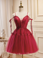 A-Line Burgundy Lace Short Prom Dresses, Burgundy Puffy Homecoming Dresses