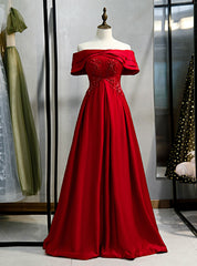 A-Line Burgundy Satin Off the Shoulder Beading Prom Dress