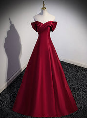 A-Line Burgundy Satin Off the Shoulder Pleats Prom Dresses