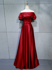 A-Line Burgundy Satin Off the Shoulder Prom Dresses With Button