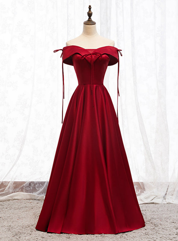 A-Line Burgundy Satin Off the Shoulder Prom Dress