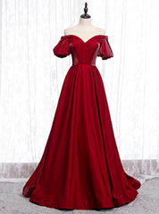 A-Line Burgundy Satin Puff Sleeve Cold Shoulder Prom Dresses