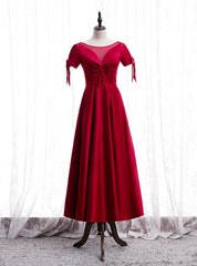 A-Line Burgundy Satin Short Sleeve Beading Prom Dresses