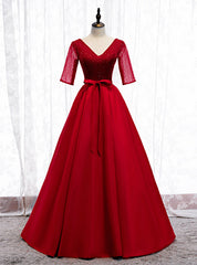 A-Line Burgundy Satin V-neck Short Sleeve Sequins Prom Dresses