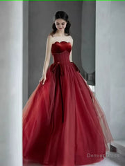 A line Burgundy Strapless Prom Dresses Evening Dress