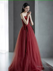 A line Burgundy Strapless Prom Dresses Evening Dress