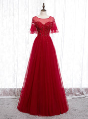 A-Line Burgundy Tulle Beading Sequins Long Prom Dresses