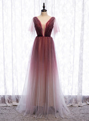 A-Line Burgundy Tulle Deep V-neck Pleats Prom Dresses