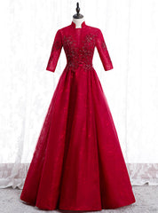 A-Line Burgundy Tulle Lace High Neck Short Sleeve Prom Dresses