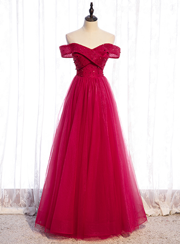 A-Line Burgundy Tulle Off the Shoulder Beading Sequins Prom Dress