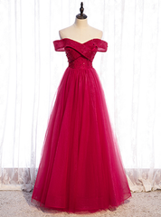 A-Line Burgundy Tulle Off the Shoulder Beading Sequins Prom Dresses