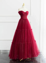 A-Line Burgundy Tulle Pleats Off the Shoulder Prom Dresses